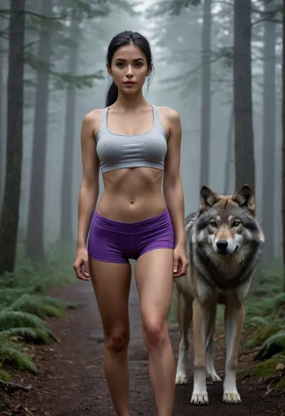 (masterpiece, best quality:1.2), photorealism, studio photo, UHD, 8k, beautiful serbian woman, 30 years old, half long black hair, ponytail, (dark glamour makeup), fit body, white crop top, violet spandex shorts, in a misty forest at daybreak, she looks around nervously, ((a large wolf creeping up on her from the fog behind her))