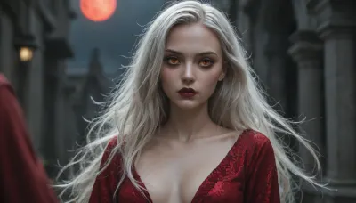 tall, lanky, extremely pale necromancer, pale white skin, (long hair:1.7), shimmering silver hair, (slim angular face:1.6), black nailpolish, black lipstick, black eyeshadows, (red eyes:1.3), (yellow sclera:1.3), she is wearing a black with red lining hooded robe, in a desoleted battlefield, blood red wolfmoon, (female domination sex:1.3), (heterosexual:1.3)