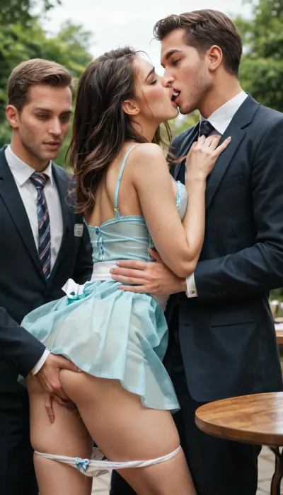 Outdoor, waitress, dancing between two men, holding tray of beverages, big ass.she is bending forward, her arms on a table, waitress uniform, Transparent dress, mini black skirt, many Men in suits fingering her pussy from behind, groping, another man groping her breast, kissing her. She, screaming, crying, legs spread, panties pulled aside. Hairy, .8. View from back, side view.transparent Fluid in her thighs. One leg lifted.