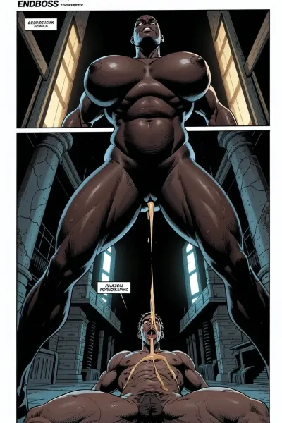 A comic book page. The title is, ENDBOSS, The page is a stark, high-contrast Pornografic composition with dramatic, heavy use of sharp, chiaroscuro lighting, The style is gritty, noir, and highly stylized.The page is divided into three panels, arranged to build tension and focus on the character's form and actions.
masterpiece, best quality, cinematic lighting. A giant Amazon woman, standing over 7 feet tall with a powerful, muscular physique, is standing with her legs spread wide apart. She has enormous, heavy, fat breasts with large, hard, erect nipples. She is completely naked. Beneath her, a submissive man is lying on his back on the floor. The Amazon is urinating forcefully, a thick, golden stream of piss spraying directly onto his face and into his open mouth. His expression is one of shocked submission. The Amazon looks down at him with a look of absolute dominance and contempt. The camera angle is a low shot, looking up from the man's perspective, emphasizing the Amazon's overwhelming size and power. The lighting is dramatic and harsh, casting long shadows and highlighting the glistening streams of liquid and the powerful muscles of the Amazon.