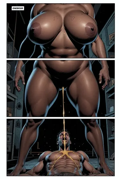 A comic book page. called "ENDBOSS", The page is a stark, high-contrast Pornografic composition with dramatic, heavy use of sharp, chiaroscuro lighting, The style is gritty, noir, and highly stylized.The page is divided into three panels, arranged to build tension and focus on the character's form and actions.
masterpiece, best quality, cinematic lighting. A giant Amazon woman, standing over 7 feet tall with a powerful, chubby physique, is standing with her legs spread wide apart. She has enormous, heavy, fat, saggy breasts with large, hard, erect nipples. She is completely naked. Beneath her, a submissive man is lying on his back on the floor. The Amazon is urinating forcefully, a thick, golden stream of piss spraying directly onto his face and into his open mouth. His expression is one of shocked submission. The Amazon looks down at him with a look of absolute dominance and contempt. The camera angle is a low shot, looking up from the man's perspective, emphasizing the Amazon's overwhelming size and power. The lighting is dramatic and harsh, casting long shadows and highlighting the glistening streams of liquid and the powerful muscles of the Amazon.