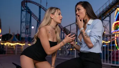two Scandinavian women in their twenties in a romantic marriage proposal scene at an amusement park at dusk, standing near a roller coaster at the end of the evening, colorful carnival lights glowing all around them, twilight sky, festive and emotional atmosphere, cinematic romantic moment

Freja is a feminine curvy lipstick lesbian with long golden blonde hair and an hourglass body, bright blue eyes, fair Nordic complexion, soft elegant facial features, and a warm deeply loving expression. Her small tight pussy is smoothly shaven. She is wearing a short fitted black dress without neither panties nor bra and high heels, with delicate makeup and elegant layered jewelry including rings, necklaces, bracelets, and small tasteful earrings. She looks polished, glamorous, feminine, and romantic. She is kneeling down on one knee.

Alma is a curvy busty chapstick lesbian with long dark brown hair, vivid green eyes, fair Scandinavian complexion, a small nose piercing, and a relaxed naturally beautiful face with a grounded affectionate expression. She is wearing elegant slacks and a stylish button-up shirt with the collar open and the sleeves rolled up, creating an effortlessly attractive, relaxed-elegant look. She wears layered jewelry including rings, and bracelets. Feminine artsy spiritual tattoos decorate her arms and collarbone, including fine-line moon phases, wildflowers, sacred geometry, stars, and abstract goddess-inspired linework

Freja is down on one knee in front of Alma, holding an open ring box in one hand and holding Alma’s hand with the other. Freja's skirt has risen up and are now around her waist exposing her naked ass. She looks up at Alma with love, hope, and heartfelt sincerity. Alma looks surprised and overwhelmed with emotion, her free hand lifted to her mouth in shock and joy. Their body language is intimate, emotional, and deeply romantic, clearly showing that this is a life-changing moment between two women who know they are meant for each other

the roller coaster and amusement park lights glow behind them, with soft bokeh, colorful bulbs, and a magical twilight atmosphere. The scene feels like the culmination of their relationship, full of love, tenderness, surprise, and commitment

photorealistic, highly detailed faces, natural skin textures, cinematic photography, shallow depth of field, emotional sapphic romance, vibrant amusement park lights, masterpiece, ultra detailed, professional photography, 8k