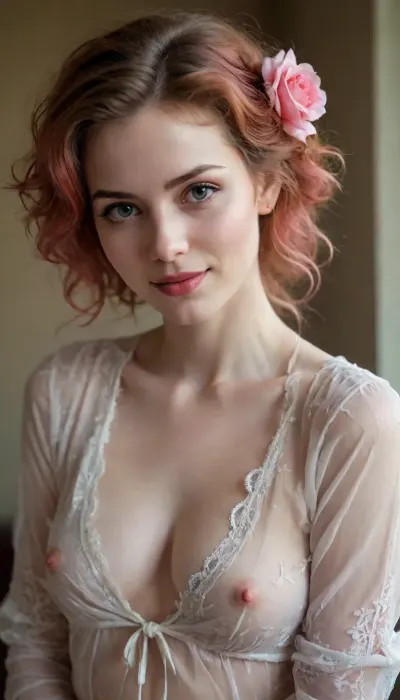 beautiful sexy slender young lady, hot sweaty pale white skin, kind soft, flirty eyes, flirty smirk smile, rough tangled rose hair, shear blouse, g-string, thigh