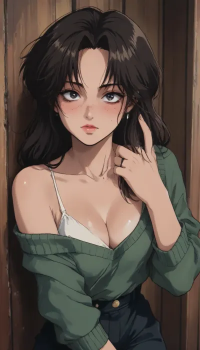 Markgavatino style, (retro anime:1.8), masterpiece, high angle, focus on eyes, perfect eyes, perfect hands, heavy smokey makeup, very long eyelashes, full lips, elegant facial features, pale skin with deep tan and tanlines, naughty girl, natural breasts, cleavage, loose comfy sweater, tan lines, nipple slip, cozy bedroom, intimate moment, horny, freckles, blushing, flushed face, seductive pose, hand up, hand in hair, <lora:mk_Bp Anime_xl:1>, <lora:NEOTOKIOXL_0.2_RC:2>