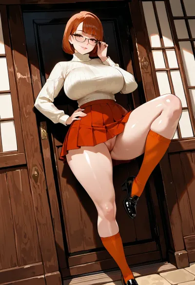 masterpiece, best quality, ultra-detailed illustration, sharp focus, intricate details, highres, absurdres, 1girl, solo, mature woman, 20 years old, adult female, mature features, voluptuous adult body, beautiful detailed face, short bob cut auburn hair, blunt bangs, black square glasses, freckles on cheeks, brown eyes, long eyelashes, detailed eyes, slight blush, large breasts, slim waist, ((pussy out)), wide hips, thick thighs, perfect anatomy, detailed anatomy, glossy skin, fully clothed, orange turtleneck sweater, red pleated skirt, knee-high orange socks, black mary jane shoes, standing against wall, one leg bent at knee with foot pressed against the wall behind, seductive pose, hand on hip, other hand adjusting glasses, looking at viewer, seductive smile, bedroom eyes, dimly lit abandoned house corridor, old wooden wall with peeling wallpaper, mystery atmosphere, soft side lighting, dynamic angle, three-quarter view, full body visible, hentai style, detailed illustration