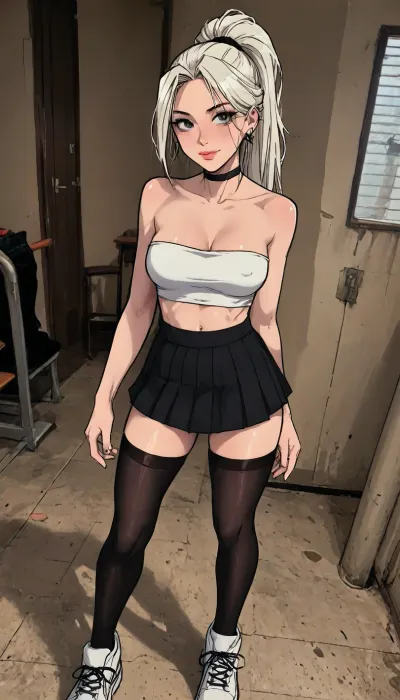 (1 girl solo), ((1 girl)), white hair, long hair ponytail, (big lips), ((Insanely hot skinny college student)), (sexy abs:1.2), (slight smile), (navel piercing), (low-waisted black micro skirt), (white strapless crop top), (white sneakers), (clubfoot:1.3), (athletic body:1), ((white pleated micro skirt)), (hip gap:1.4), (club foot:1.3), (narrow waist:1.5), (erected nipples:1.2), ((perky medium tits)), (horny face), (black choker), (cleavage), (view from above:.8), ((black stockings)), (garters), long legs, (slutty outfit), ((Melkor mancin meet markgavatino style)), reiq style, ratatatat74, SamDoesArts, <lora:LCMTurboMix_Euler_A_fix:1.1>, <lora:ratatatat74-000050:1.8>, <lora:mk_Bp Anime_xl:1.2>, <lora:焦茶_XL:2>, <lora:SDXLSamDoesArts:1.6>