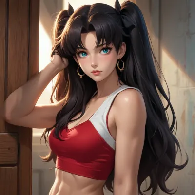 rin tohsaka from fate zero dross style reiq meets beautiful young e skinny korean girl with long black hair and pretty beautiful face with long eyelashes, muscular girl