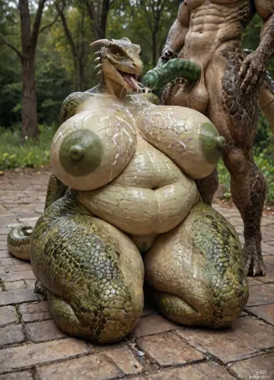 Outdoor background, FULL BODY, couple, 1male, 1 female, ((female scalie anthro argonian, open mouth, green scales, wet vagina, (perfectly scaled up:1.1), massive saggy tits, very wide hips, thick thighs., ((massive tits, huge tits, floppy tits, thick protruding nipples, dark green nipples)), ((wide, very wide hips, thick hips)), ((obese belly, bulges and sags, deep navel)), (((body covered in scales, defined body scales, green scales, reptile scales, full body reptile scales, scales on breasts, more scales, excessive scales, scales))), super wide huge hips)), ((male scalie anthro argonian, argonian male, reptile scales, looking at female, standing, male has green scales, huge penis, two penis, penis covered in scales, reptile scales on penis, green penis head, ridged erect penis)), (((male is standing, female sitting on the floor, female is on her knees))), male penis is next to face, hand job, ((male is cumming on female face, cum on face, cum on tits, excessive cum in mouth, cum dipping from mouth, cum on belly)), made, of, r3psp1k3s, reptile, skin, spines, huge, breasts, massive, sucking, cock, <lora:r3psp1k3s:1.9>, <lora:LCMTurboMix_Euler_A_fix:1.5>, <lora:SDXL_MassiveCowsLoRA_v1:1.3>, <lora:cockteaseLoRASDXL:1.3>