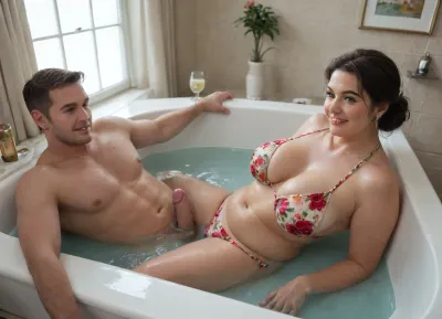 Luxury modern bathroom, (mature chubby woman), clothed, in, (floral bikini:1.2), laying in the freestanding bathtub, water up to cleavage., (fit Naked man:1.3), ((man stays next to bathtub)), hard cock, posing, giving champagne to woman. happy, cocktails, champagne