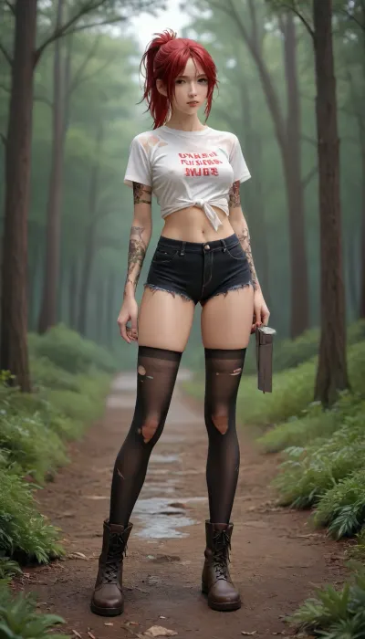 1 Girl is a sexy Lumberjack in extreme short Worn Torn and tattered leather Hotpants with a short White top and wet shirt, no bra, glistening wet, strict plaited ponytail, Red Hair, full Body Tattoos, in the Forrest, cutting trees, fullsleeved tattooed Arms and legs, worker Boots, garters, Torn nylon stockings, chainsaw
