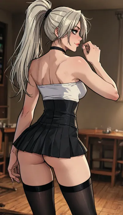 (1 girl solo), ((1 girl)), white hair, long hair ponytail, (big lips), ((Insanely hot skinny college student)), (sexy abs:1.2), (slight smile), (navel piercing), (low-waisted black micro skirt), (ass exposed), (white strapless crop top), (white sneakers), (clubfoot:1.3), (athletic body:1), ((white pleated micro skirt)), ((rear view:1.8)), (hip gap:1.4), (club foot:1.3), (narrow waist:1.7), (erected nipples:1.2), ((perky medium tits)), (horny face), (black choker), (rounded ass), ((black stockings)), (garters), (long legs), (slutty outfit), ((Melkor mancin meet markgavatino style)), reiq style, ratatatat74, SamDoesArts, <lora:LCMTurboMix_Euler_A_fix:1.1>, <lora:ratatatat74-000050:1.8>, <lora:mk_Bp Anime_xl:1.2>, <lora:焦茶_XL:2>, <lora:SDXLSamDoesArts:1.6>