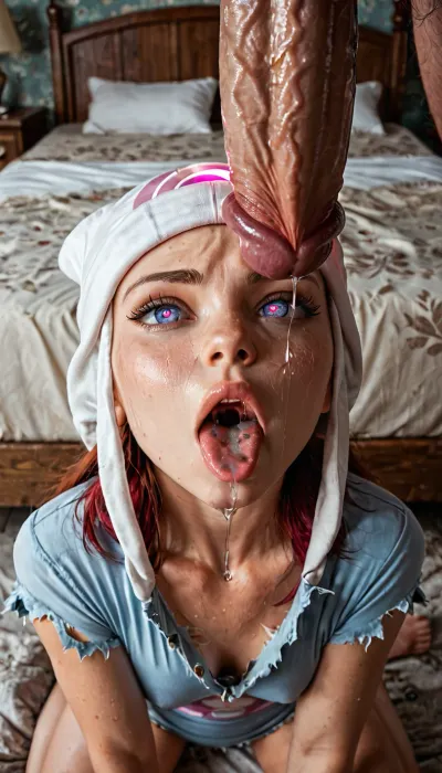 dawn, (pokemon), mind control, heart-shaped pupils, huge penis, excessive torn clothes, mewtwo, empty eyes, looking at penis, imminent fellatio, tongue out, open mouth, saliva, saliva drip

depressing run-down bedroom, neglected apartment, faded floral wallpaper, cracked plaster, dusty air, old mattress, rusty bed frame, flickering ceiling light, dirty wooden floor, water stains, cinematic shadows, highly detailed