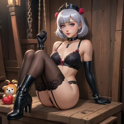 noelle from genshin impact dross style reiq meets Cute, (((dominatrix))), (breaking chains with her hands), toned, athletic, muscular, beautiful, in dungeon, thigh gap, strong, powerful, lust, yes mommy, (((cute, adorable, dorky, nerd))), (feminine), whips and chains, (((black lace lingerie, silk stockings))), black leather boots, cuffs, black leather gloves