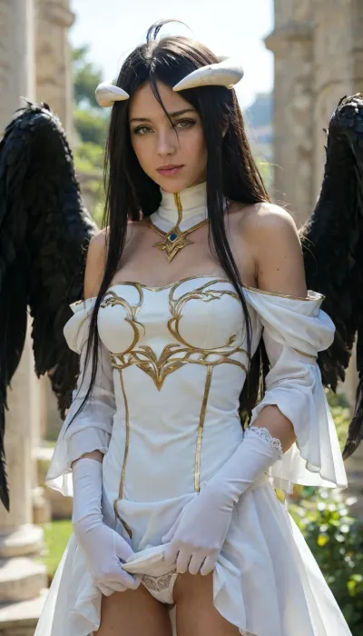 (young), Albedo, (Overlord), detailed eyes, score_9, score_8_up, score_7_up, score_6_up, SLVTK, (shallow depth of field), partially covered in shadow, dim light, (lens flare), teasing underdress panties and more, (masturbating), (extreme pleasure), (orgasm), sweat drops, Detailed, close-up, [albedo with overlord], horns, ahoge, low wings, wings, demon horns, feathered wings, feathers, very long hair, dress, demon wings, slit pupils, white gloves, black feathers, hair between eyes, demon girl, NSFW, masterpiece, best quality