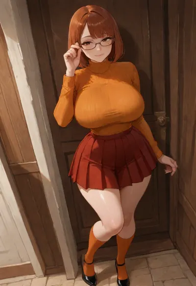 masterpiece, best quality, ultra-detailed illustration, sharp focus, intricate details, highres, absurdres, 1girl, solo, mature woman, 20 years old, adult female, mature features, voluptuous adult body, beautiful detailed face, short bob cut auburn hair, blunt bangs, black square glasses, freckles on cheeks, brown eyes, long eyelashes, detailed eyes, slight blush, large breasts, slim waist, wide hips, thick thighs, perfect anatomy, detailed anatomy, glossy skin, fully clothed, orange turtleneck sweater, red pleated skirt, knee-high orange socks, black mary jane shoes, standing against wall, one leg bent at knee with foot pressed against the wall behind, seductive pose, hand on hip, other hand adjusting glasses, looking at viewer, seductive smile, bedroom eyes, dimly lit abandoned house corridor, old wooden wall with peeling wallpaper, mystery atmosphere, soft side lighting, dynamic angle, three-quarter view, full body visible, hentai style, detailed illustration