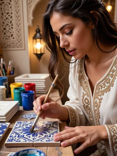 beautiful young Moroccan woman, detailed face, sharp focus on face and hands, half-bust portrait, painting intricate geometric arabesque patterns on flat ceramic zellige tiles, fine paintbrush in hand, blue and turquoise cobalt pigments, colorful paint pots on wooden workbench, stack of white ceramic tiles, traditional Moroccan workshop, carved plaster walls, warm golden lantern light, embroidered djellaba, focused serene expression, shallow depth of field, rich warm atmosphere, Fes artisan style. five fingers clearly visible, natural fingernails, detailed hand anatomy, firm precise grip on paintbrush