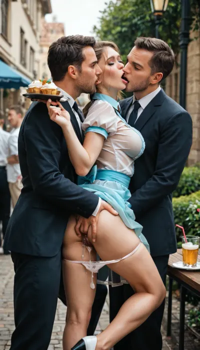 Outdoor, waitress, dancing between two men, holding tray of beverages, big ass.she is bending forward, her arms on a table, waitress uniform, Transparent dress, mini black skirt, many Men in suits fingering her pussy from behind, groping, another man groping her breast, kissing her. She, screaming, crying, legs spread, panties pulled aside. Hairy, .8. View from back, side view.transparent Fluid in her thighs. One leg lifted.