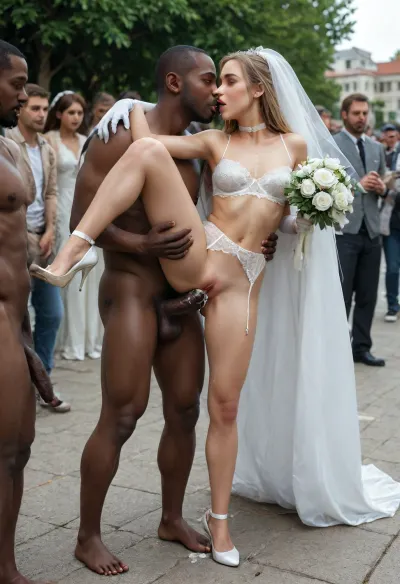 ((interracial)), small tall, beautiful youthful slim petite slender young blonde bride at wedding gangbang party in backyard, (outdoor in living public backyard:1.4), (people standing near and watching:1), full lips, blonde hair, shaggy, white choker, (white roses headflowers), conservative white wedding dress, (white lace top:1.2), white corset, (garter belt and white stockings:1.2), (perfect 2 legs), (flashing pussy), (white gloves to shoulders:1.2), white high heels, red lipstick, red nails, perfekt 5 fingers, (flat chested), wedding bouquet, surprised, half-open mouth, (2cocks anal penetration on standing positions, kissing, hugs, standing both sides penetration:1.2), (only one leg high up:1.2), (anal fucked by old priest), (gangbang:1.6), (gangbanged by 4 extreme huge big cocks:1.4), (4persons), (cum dripping from extreme huge big cock:1.7), double anal sex, vaginal sex, very deep double anal penetration, hard fucking, outdoors, wedding guests watching, crowd, late afternoon, realistic detailed face, realistic detailed hair, realistic detailed body, realistic detailed skin, glance labia, realistic detailed very small breasts, realistic detailed very tight glance puffy micro pussy, (skinny anorexic boned 2 legs:1.6), (High, Resolution), (More, Details), (8K), detailxl, bad, anatomy, hands, feet, <lora:add-detail-xl:2>, <lora:detailed_notrigger:2>, <lora:legupsex_XL_9_-000009:2>, <lora:badanatomy_SDXL_negative_LORA_SeaArtXL_v1:2>