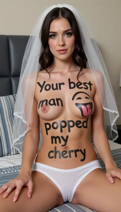 A 25yo slim brunette bride, (bridal veil), (white wedding lingerie:1.3), sits on a bed.
On her body is painted Text "Your best man popped my cherry" with big black marker and a, (sticking out tongue emoji), .