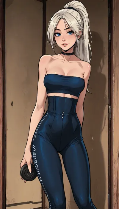 (1 girl solo), ((1 girl)), white hair, long hair ponytail, (big lips), ((Insanely hot skinny girl)), (slight smile), (teeth visible), (clubfoot:1.3), (athletic body:1), (hip gap:1.3), (narrow waist:1.6), (erected nipples:1), ((perky medium tits)), (horny face), (black choker), (white transparent strapless sport top), (navel piercing:1.4), (sexy abs:1.3), (cleavage), (view from above:.4), (long skinny athletic legs), ((blue sport leggings)), ((Melkor mancin meet markgavatino style)), reiq style, ratatatat74, SamDoesArts, <lora:LCMTurboMix_Euler_A_fix:1.1>, <lora:ratatatat74-000050:1.8>, <lora:mk_Bp Anime_xl:1.2>, <lora:焦茶_XL:2>, <lora:SDXLSamDoesArts:1.6>