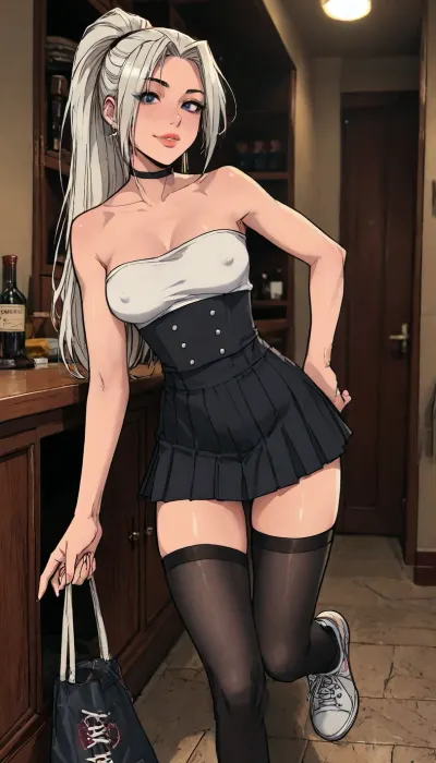 (1 girl solo), ((1 girl)), white hair, long hair ponytail, (big lips), ((Insanely hot skinny college student)), (sexy abs:1.2), (slight smile), (navel piercing), (low-waisted black micro skirt), (white strapless crop top), (white sneakers), (clubfoot:1.3), (athletic body:1), ((white pleated micro skirt)), ((rear view:1.3)), (hip gap:1.4), (club foot:1.3), (narrow waist:1.7), (erected nipples:1.2), ((perky medium tits)), (horny face), (black choker), (cleavage), (rounded ass), ((black stockings)), (garters), long legs, (slutty outfit), ((Melkor mancin meet markgavatino style)), reiq style, ratatatat74, SamDoesArts, <lora:LCMTurboMix_Euler_A_fix:1.1>, <lora:ratatatat74-000050:1.8>, <lora:mk_Bp Anime_xl:1.2>, <lora:焦茶_XL:2>, <lora:SDXLSamDoesArts:1.6>