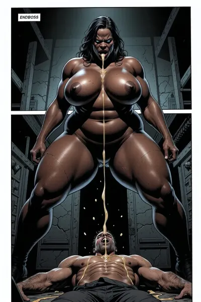 A comic book page. called "ENDBOSS", The page is a stark, high-contrast Pornografic composition with dramatic, heavy use of sharp, chiaroscuro lighting, The style is gritty, noir, and highly stylized.The page is divided into three panels, arranged to build tension and focus on the character's form and actions.
masterpiece, best quality, cinematic lighting. A giant Amazon woman, standing over 7 feet tall with a powerful, chubby physique, is standing with her legs spread wide apart. She has enormous, heavy, fat, saggy breasts with large, hard, erect nipples. She is completely naked. Beneath her, a submissive man is lying on his back on the floor. The Amazon is urinating forcefully, a thick, golden stream of piss spraying directly onto his face and into his open mouth. His expression is one of shocked submission. The Amazon looks down at him with a look of absolute dominance and contempt. The camera angle is a low shot, looking up from the man's perspective, emphasizing the Amazon's overwhelming size and power. The lighting is dramatic and harsh, casting long shadows and highlighting the glistening streams of liquid and the powerful muscles of the Amazon.