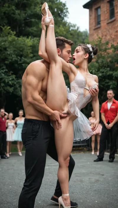 Outdoor stage, girl, ballerina, ballet buns, feather headpiece, tights, standing split, dancing between two men.she, ballerina dress, classical tutu, transparent tutu, puffy nip slip, many Men in ballet clothes fingering her pussy from behind, groping, another man groping her breast, kissing her. She, screaming, crying, no panties. Hairy, 1.4. Side view, transparent Fluid in her thighs.