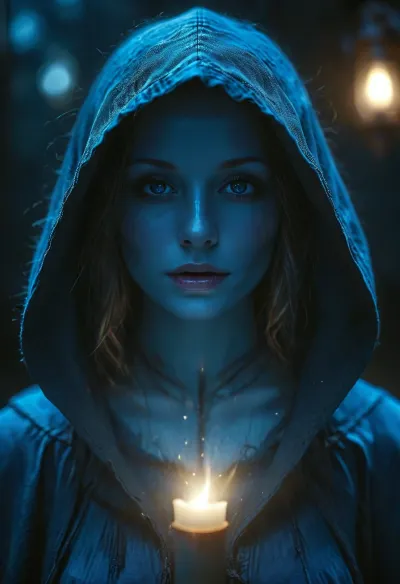 (Dark Fantasy Artwork), artistic, low angle, female blue ghost with hooded cloak, face hidden in dark shadow, faceless, no face visible, dark background, glowing blue body, exquisite lighting and composition, natural beauty, /KlTTY-ART/, <lora:COMFYUI_mimic_landscape_-_XL_SDXL v2.0:.6>, <lora:attractive_notrigger:.3>, <lora:PerfectEyesXL:.3>, <lora:MJ52:.9>