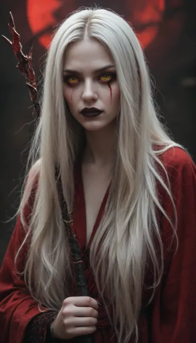 tall, lanky, extremely pale necromancer, (pale white skin:1.5), (long hair:1.8), shimering silver hair, (angular face:1.5), black nailpolish, black lipstick, black eyeshadows, (red iris:1.2), (yellow sclera:1.3), she is wearing a black with red lining hooded robe, raising a black scepter incrusted with red stones, in a desoleted battlefield, blood red wolfmoon