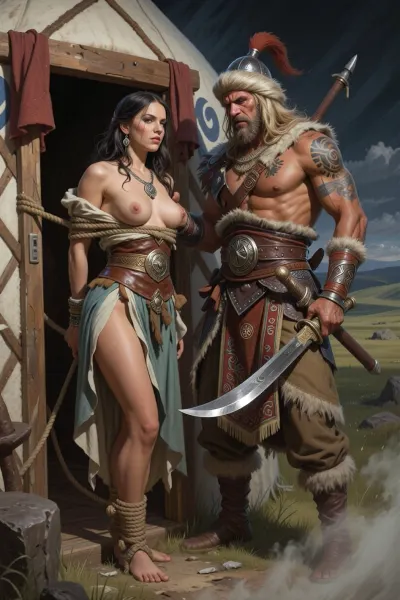Barbarian khan and captive at the yurt gate – frank frazetta style epic