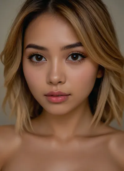 A, head and chest view, of a thin young half Asian/Latina woman with a playful expression to perform oral sex. She has smooth, fair skin with a natural glow and a hint of sweat suggesting recent physical activity. Her dyed blonde, hair is loose, with strands clinging to her face. She has large almond-shaped, expressive light colored eyes with eyeliner, soft eyebrows, and slightly parted lips. She's naked. Warm lighting enhances her skin texture and adds a soft, intimate mood to the image., kawaii, makeup, <lora:KawaiiMakeupXLv2:.8>, Stable-Yogis-Makeup-Enhancer-XL