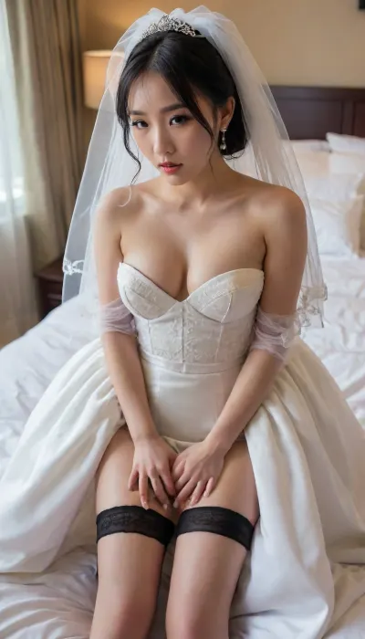 young asian, black hair, wedding dress, veil, massive skirt, stockings, high heels, shy white woman, blonde, beautiful face, missionary on bed, holding her tight, creamy vagina, huge cock inside vagina, sheets grabbing, screaming orgasm, hallway view, cheap motel, trying to resist, closed eyes, cum dripping on floor, cum dripping from pussy, creampied, wedding, girl, W3dd1ng, <lora:sl_sila:.8>, <lora:W3dd1ng:.8>