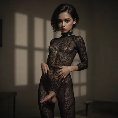 tiny realistic femboy showing her erect small dick, porn teather, legs are together, gothic style, sexy doggy posing, latina, fishnet bodysuit, neck belt, in old bdsm fishnet room, black tiles, young with innocent face, very short haircut, looking at viewer, mouth dripping saliva, silicon breast, swollen areola, oily wet skin, shiny skin, sun light, erect-futa, small erect-penis, show cock, testicles, erection, looking lustful, 3/4 body view, standing curved cock, show futa cock, erect futa, erect cock, hard small cock, precum, show gaping asshole, side view, <lora:SDXLlora13ErFut:1.3>, <lora:dark:.1>, <lora:Thigh_gap_SDXL:1.5>, fucking a massive black man with stallion dick, receive his massive black equine cock anal, ((black equine cock)), anal fuck squirting massively black huge black equine hyper-cocks dripping cum, show small futa cock