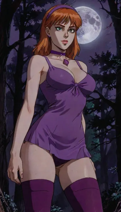8k, score_9, score_8_up, score_7_up, Cinematic still the viewer looks down at a submissive girl, FILM PHOTOGRAPHY STYLE, cinematic photography of a woman, professional portrait photo realism, ultra detailed face, perfect body, perfect pale shiny skin, daphne from Scooby Doo, orange hair, long ginger hair, hairband, purple thight nightgown, pueolw lingerie, green choker, purple heels, magenta stockings, anime style, standing, close up, horny, low angle, at forest, mist, midnight, full moon, full body view, short skirt, <lora:bombshell_v2:.8>, <lora:ratatatat74-000050:.8>, <lora:NEOTOKIOXL_0.2_RC:.8>, <lora:detailed_notrigger:2>, <lora:LCMTurboMix_Euler_A_fix:.8>