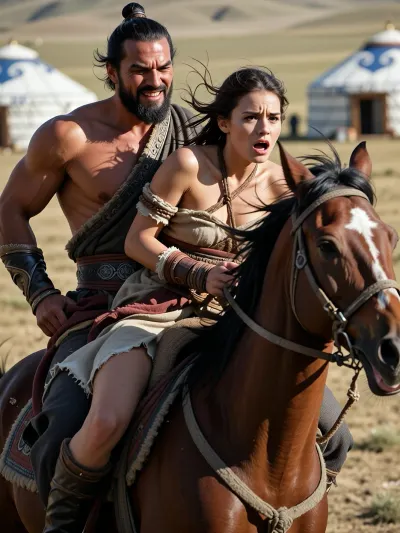 13th century mongol steppe. Ultra detailed depiction of 2 characters both riding the same horse which is galloping. Sharp focus on their faces. . mongol khan smirk demonic smile, predator expression, slanted dark eyes, typical asian mongol face, black beard, In front of him on the same horse a captive woman, beautiful, wrists bound together in front with rope, panicked, exhausted, torn apart medieval dress, afraid, Both their hair are moved by the wind.

background is blurred because of fast speed motion. Muscular horse inclined, in effort, its mouth open.
far away in background mongol yurts, hard steppe sun, dramatic lighting.