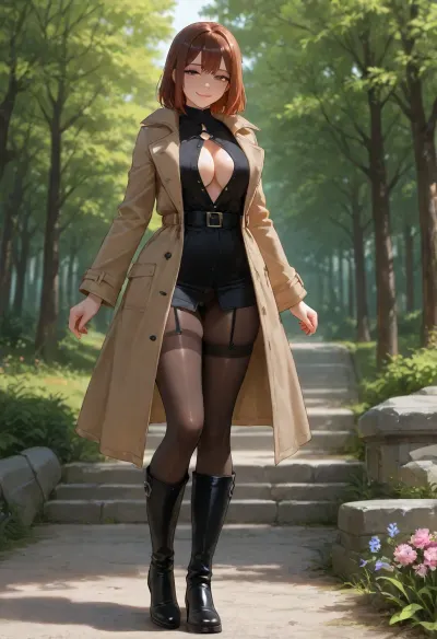 24yo, lascivious posture, horny smile, full body visible, slender, open unbuttoned brown trenchcoat, (black shiny nylon transparent stockings, short black ancle boots, no underwear), empty wild park, spring, (sunny day)