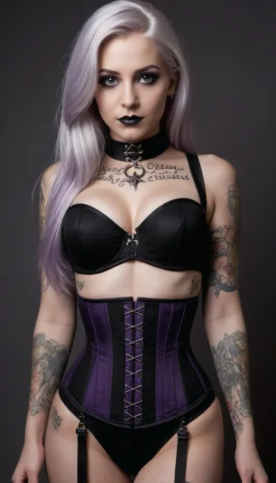A sexy goth woman. 24 years old. Straightened and long platinum hair. Black and purple corset with mesh around stomach. Large tits. Black and purple panties. Slim build. Arm tattoos. Black collar on.