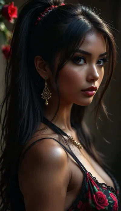Close up, Portrait, beautiful Filipina, instagram model, 18 years old, perfect mode portrait, long black tousled hair, high pony tail high hair, eye contact, perfect large eyes, ((side view)), pulld, <lora:attractive_notrigger:1.7>, <lora:BUT_SDXL_SHS:2>, <lora:Vivid Midjourney mimic - XL SDXL v2.0:.5>, <lora:add-detail-xl:1.6>, <lora:dark:.1>, rose tattoo, massive breasts