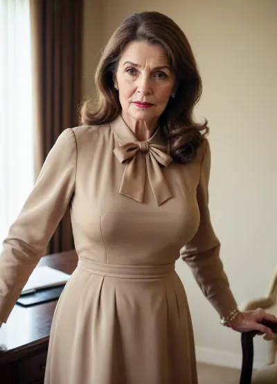 Classy american grandma, greatest mistress, ultra elegant minimalistic simple formal business dress with silk bow blouse, without bra, huge ultra saggy breasts, long brown hair