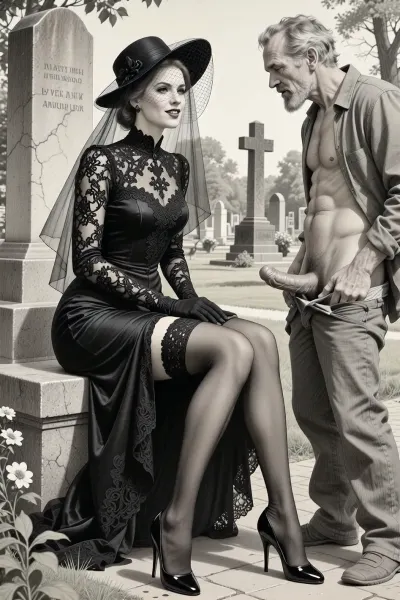 This is is a detailed monochromatic pencil drawing in a classical illustrative style depicts a scene set in Russian, in 1950s, full portrait of a beautiful widow sitting in a cemetery park monument near the cemetery monument, the legs are slightly spread apart, show pussy with slutty smile she is wearing a long sleeved intricate lace black widow gown, widow hat, black transparent veil, stockings, front view, upskirt shot, looking away, middle distance, ptheels, high, heels, standing nearby is a sleazy old homeless man with his pants unbuttoned, who is masturbating his dick, She looks at him, The overall mood is intense, rendered in fine, expressive line work and subtle shading, evoking the style of 1950s satirical or moralistic illustrations.