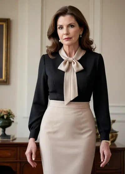Classy american grandma, ((aged)), greatest mistress, (((tempting))), (((ultra elegant minimalistic simple formal business dress with silk bow blouse))), (huge ultra saggy breasts), long brown hair, curvy, big butt