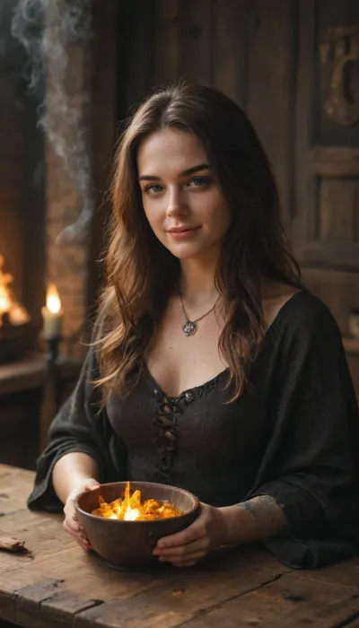 A hyper-detailed fantasy digital painting of a beautiful witch with long dark hair, smiling warmly, (freckles:1.3), sitting at a rustic wooden workbench in a dark alchemy laboratory. She is focused, holding an alchemy tool over herbs and bowls. On the table are glowing amber lanterns, glass vials with colorful potions, smoke from the censers, and ancient scrolls. Dramatic cinematic lighting, soft warm glow from the lantern, atmospheric smoke and embers floating in the air, dark moody background with a fireplace, 8k resolution, photorealistic fantasy art style.