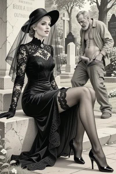 This is is a detailed monochromatic pencil drawing in a classical illustrative style depicts a scene set in Russian, in 1950s, full portrait of a beautiful widow sitting in a cemetery park monument near the cemetery monument, the legs are slightly spread apart, show pussy with slutty smile she is wearing a long sleeved intricate lace black widow gown, widow hat, black transparent veil, stockings, front view, upskirt shot, looking away, middle distance, ptheels, high, heels, in the background is a sleazy old homeless man with his pants unbuttoned, who is masturbating his dick, She looks at him, The overall mood is intense, rendered in fine, expressive line work and subtle shading, evoking the style of 1950s satirical or moralistic illustrations.