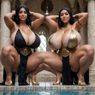 (2 women, 1 man), (two arabian women are squatting down, hands behind head), inside a luxurious modern mansion, extremely straight hair, brown skin, black hair, brown eyes, (soaking wet:1.5), (black headscarf that is wrapped around the head that is covering the hair and neck while leaving the face visible, headscarf covers hair fully, hair is is not visible because it is under the headscarf, hair and neck covered by headscarf), (((black abaya in black color with deep cleavage and large leg cutouts, black loincloth))), coiled armlet, thick gold rings around the thighs, gold platform high heels, gold body jewelry, (huge golden slave collar, very broad golden waist belt), closeup, (low angle), frontview, lustfull smile, lustfull gaze, looking directly at the viewer, voluptious, (thick thighs), wide hips, (huge bulging ass), (huge natural bulging breasts:1.5), tanned skin, (tanlines:1.5), beautiful hair, oily skin, sweaty skin, wet skin, detailed hands, dark, <lora:polyhedron_photostudio-000005:.8>, <lora:192af1bb3d75bab622d76a8c8cf0a0b9:.8>, <lora:bombshell_v2:.8>, <lora:LCMTurboMix_Euler_A_fix:.8>