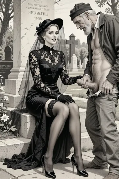 This is is a detailed monochromatic pencil drawing in a classical illustrative style depicts a scene set in Russian, in 1950s, full portrait of a beautiful widow sitting in a cemetery park monument near the cemetery monument, the legs are slightly spread apart, show pussy with slutty smile she is wearing a long sleeved intricate lace black widow gown, widow hat, black transparent veil, stockings, front view, upskirt shot, looking away, middle distance, ptheels, high, heels, standing nearby is a sleazy old homeless man with his pants unbuttoned, she is masturbating his dick, She looks at him, handjob, The overall mood is intense, rendered in fine, expressive line work and subtle shading, evoking the style of 1950s satirical or moralistic illustrations.