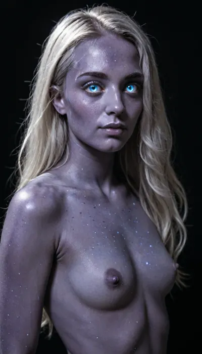 (cosmos body:1.7), (galaxy skin:2), (silver void eyes:1.8), (mature adult face), (silver lipstick:1.5), shimmering hair, glowing hair, glistening hair, hourglass body, small breasts with erect nipples