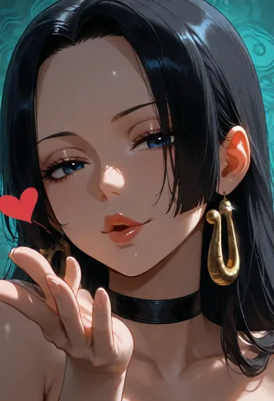 1girl, Boa Hancock from One Piece, goth, black choker, (kissing lips, blowing a kiss to the viewer:1.2), naked, sidelocks tied back, solo, smiling, abstract background, aqua background, lips, looking at viewer, seductive, half-closed eyes, <lora:SDXL high detailed. LoRA_SDXL_ARW_0010:1.5>, <lora:add-detail-xl:1.9>, <lora:dark:1.4>, <lora:Jeweled eyes-NAI:2>, <lora:SDXL Detail:1.3>
