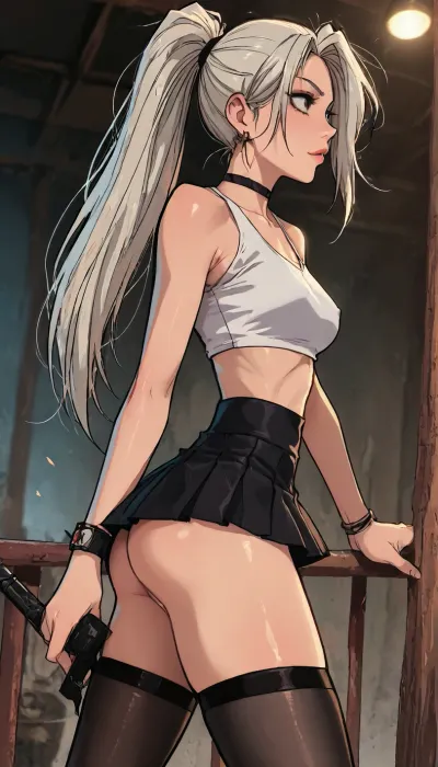 (1 girl solo), ((1 girl)), white hair, long hair ponytail, (face turned away:1.5), ((Insanely hot skinny college student)), (nude waist), ((bend her one leg:1)), (low-waisted white micro skirt:1.3), (ultra short skirt:1.4), (ass exposed), (white crop top), (black high shiny platform high-heels), (clubfoot:1.3), (athletic body:1.3), ((white pleated micro skirt:1.3)), ((rear view:1.4)), (side view:1.5), (view from below:1.1), (hip gap:1.3), (club foot:1.3), ((narrow waist:1.7)), (erected nipples:1.2), ((perky medium tits)), (pussy cameltoe:1.2), (horny face), (black choker), (rounded ass:1.5), ((black stockings)), (garters:1.2), (long legs), (slutty outfit), ((Melkor mancin meet markgavatino style)), reiq style, ratatatat74, SamDoesArts, <lora:LCMTurboMix_Euler_A_fix:1.1>, <lora:ratatatat74-000050:1.8>, <lora:mk_Bp Anime_xl:1.2>, <lora:焦茶_XL:2>, <lora:SDXLSamDoesArts:1.6>