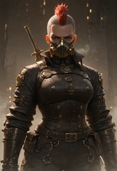 Steampunk chubby lady with a breathing mask, mohawk hair, steampunk outfit and weapon, intricate design and details, fog, lights, epic, dynamic, dramatic lighting, hyperrealism, photorealistic, cinematic, 8k, unreal engine.