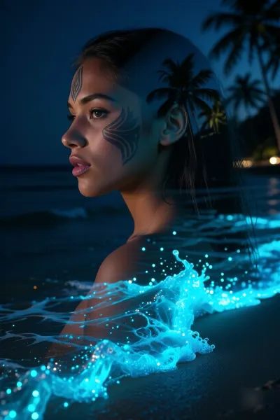 Bu, Polineziyanın Tahiti adasından olan gözəl bir qadının profildən ikili ekspozisiya texnikası ilə çəkilmiş surreal portretidir. Portret onun ifadəli polineziyalı cizgiləri və isti, tünd, parıldayan dərisi ilə xarakterizə olunur. Onun silueti Tahiti tropik gecə sahili ilə mükəmməl şəkildə birləşir. Minlərlə yanıb-sönən neon-mavi plankton hissəcikləri ilə işıqlanan parıldayan biokütləvi işıq dalğası sahilə doğru yuvarlanır. Gecənin dərin kölgələri ilə eterik fosforesan mavi və turkuaz işıq arasındakı kontrast. İkiqat ekspozisiya fotosu eterik və sehrli bir atmosfer yaradır. Kinetik işıqlandırma, 8K.